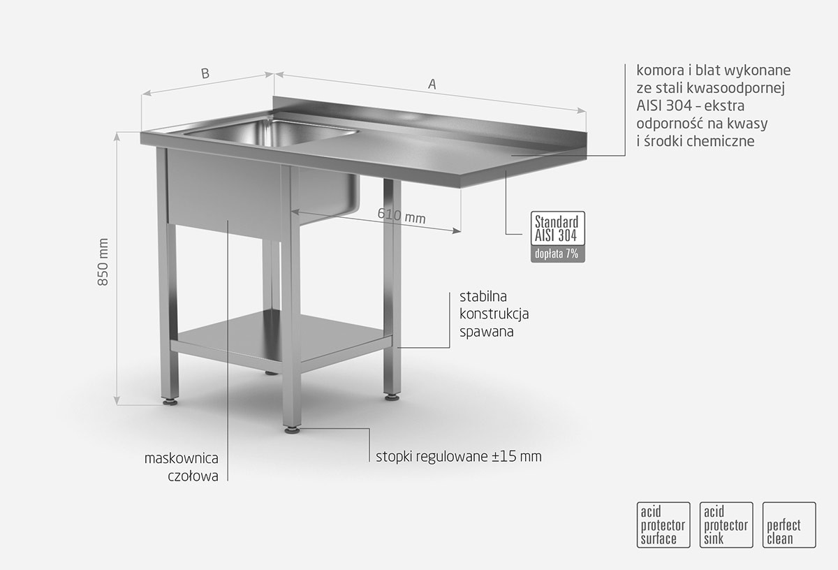 Stół ze zlewem, półką i miejscm na zmywarkę lub lodówkę - komora po lewej stronie - POL-231-L