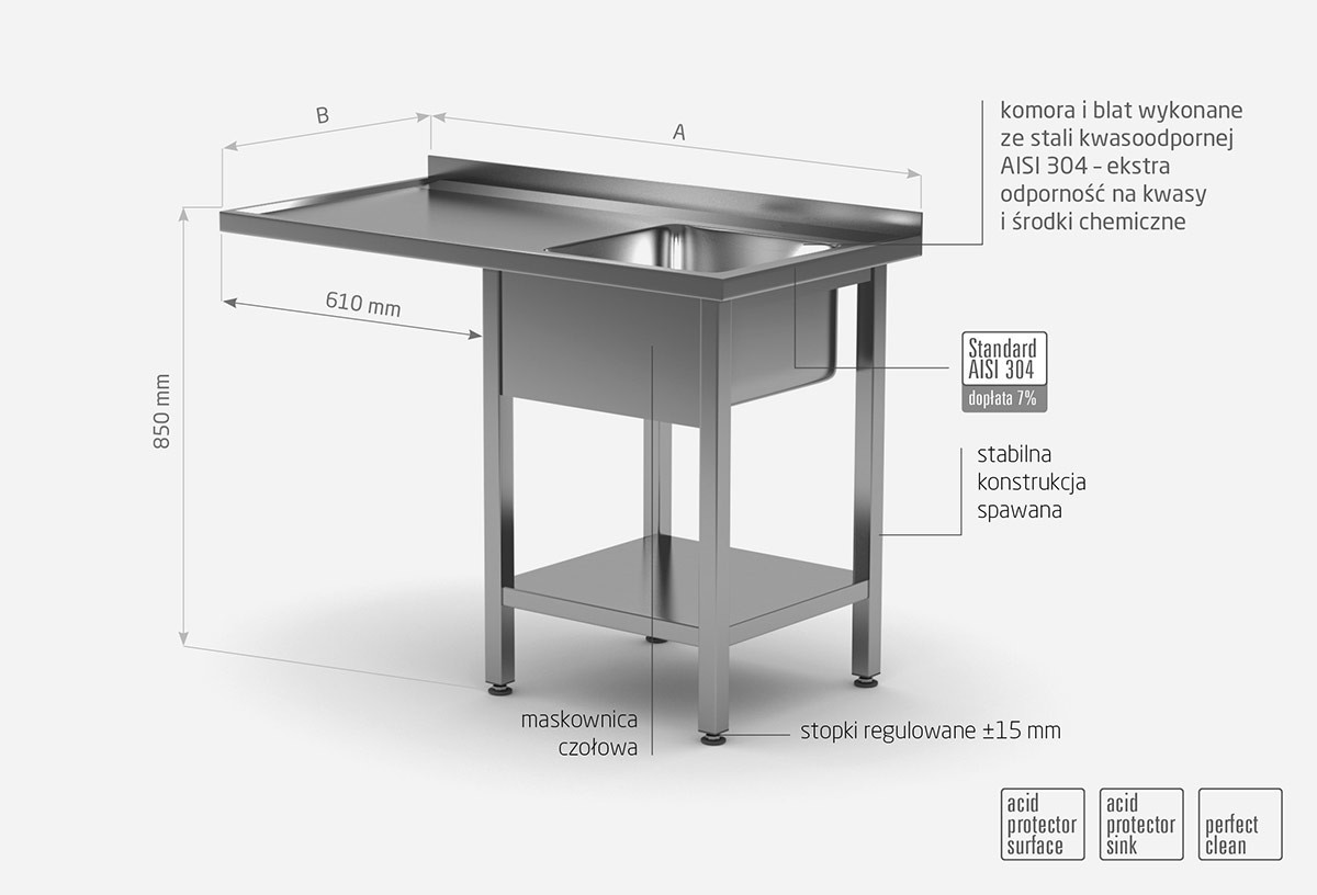 Stół ze zlewem, półką i miejscm na zmywarkę lub lodówkę - komora po prawej stronie - POL-231-P