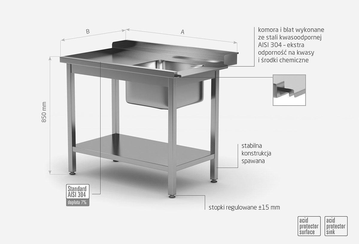Stół załadowczy do zmywarek ze zlewem i półką - lewy - POL-238-L