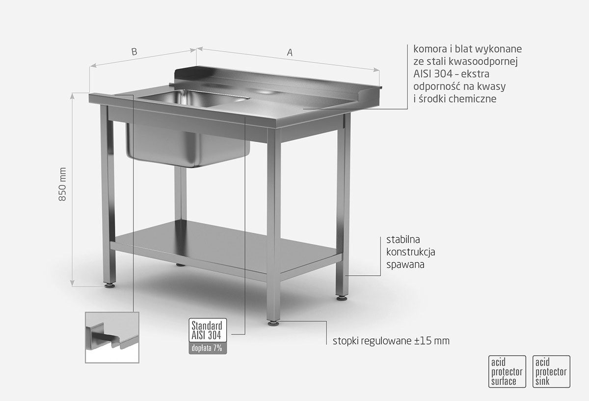 Stół załadowczy do zmywarek ze zlewem i półką - prawy- POL-238-P