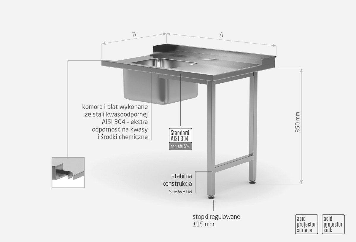 Stół załadowczy do zmywarek ze zlewem na dwóch nogach - prawy