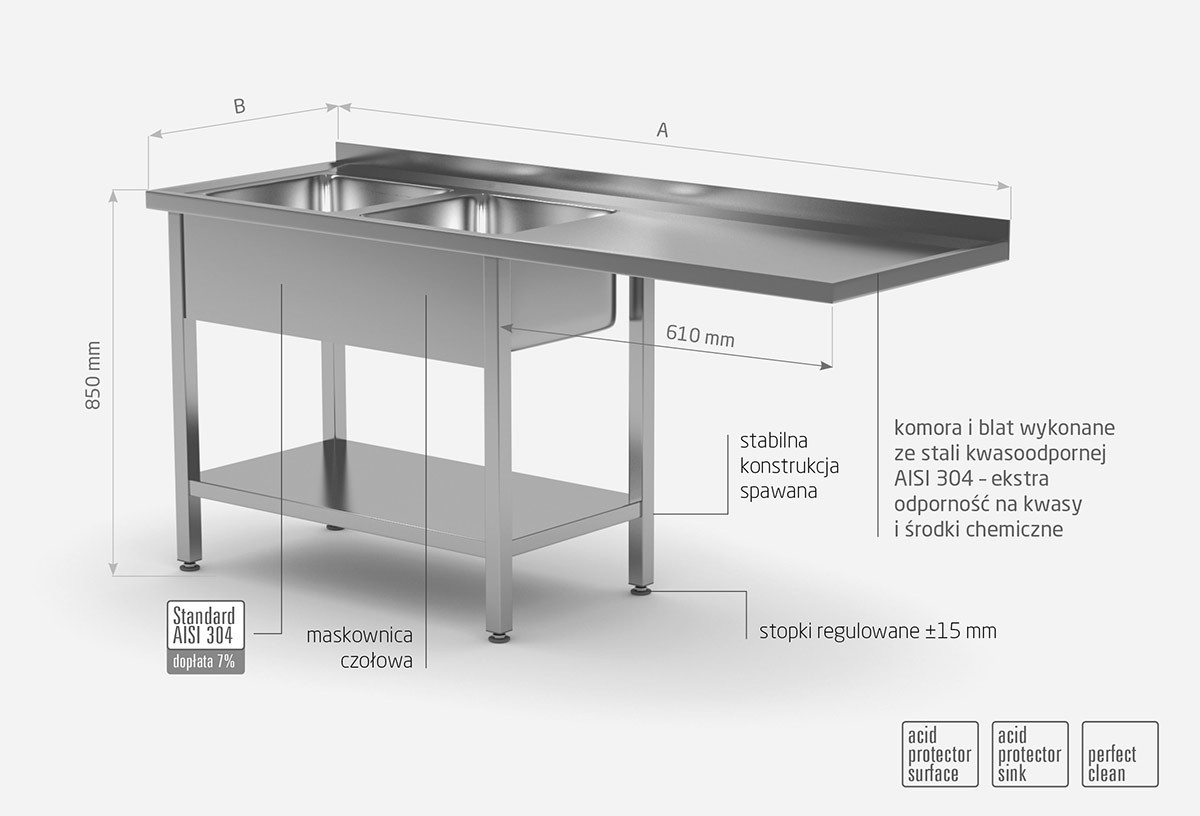 Stół z dwoma zlewami, półką i miejscem na zmywarkę lub lodówkę - komory po lewej stronie - POL-241-L