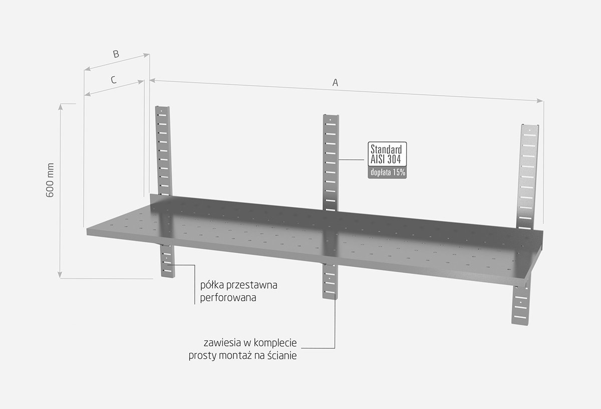 Półka wisząca przestawna pojedyncza, perforowana z trzema konsolami - POL-381-3-PERF