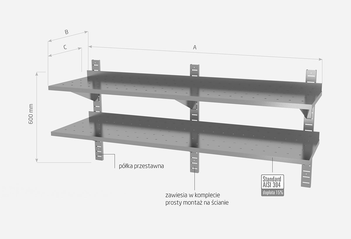 Półka wisząca przestawna podwójna, perforowana z trzema konsolami - POL-384-3-PERF