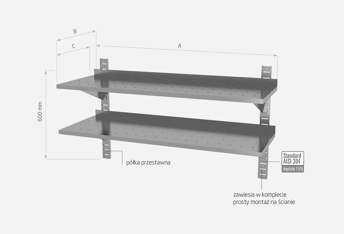 Półka wisząca przestawna podwójna, perforowana z dwiema konsolami - POL-384-PERF