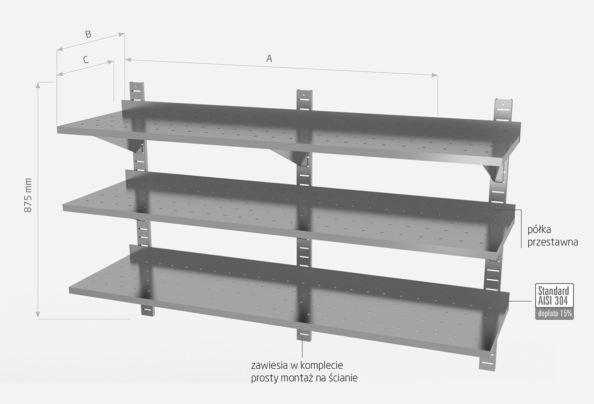 Półka wisząca przestawna potrójna, perforowana z trzema konsolami - POL-385-3-PERF