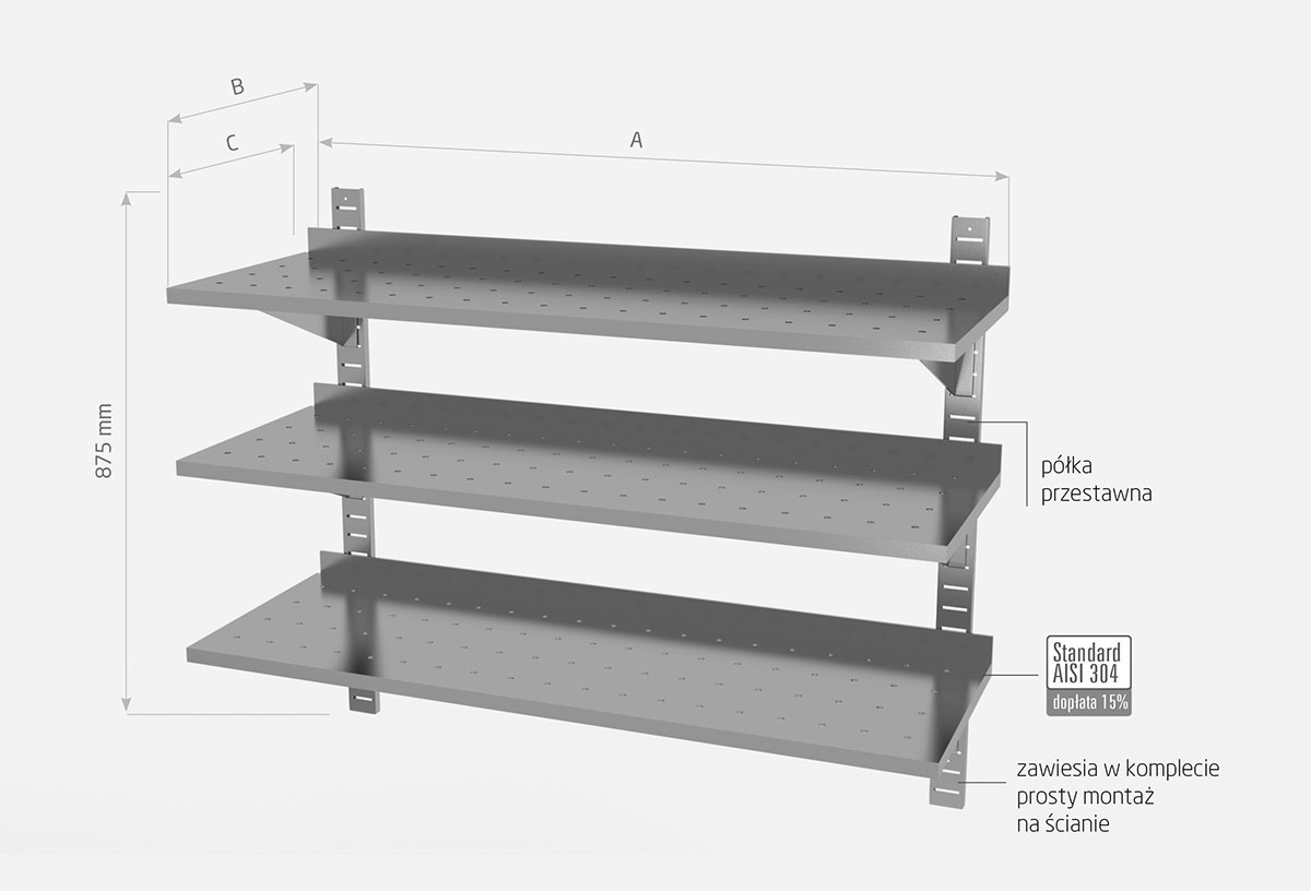 Półka wisząca przestawna potrójna, perforowana z dwiema konsolami- POL-385-PERF
